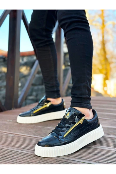 Erkek AyakkabıSNR-308 BOA Kalın Yüksek Taban Çift Fermuarlı Siyah Beyaz Erkek Ayakkabı - Resim 4