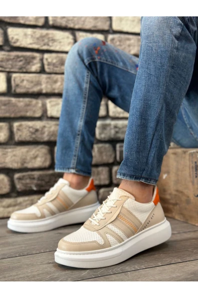 BA0548 BOA Kalın Yüksek Krem Beyaz Taban Beyaz Bağcıklı Spor Erkek Ayakkabı ürün görseli 1