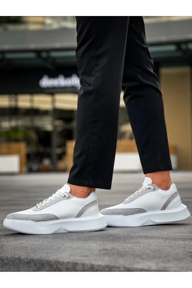 BA0354 Günlük Bağcıklı Erkek Gri Parçalı Beyaz  Yüksek Taban Spor Ayakkabı - Resim 5