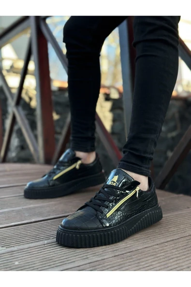 SNR-308 BOA Kalın Yüksek Taban Çift Fermuarlı Siyah Siyah Erkek Ayakkabı - Resim 2