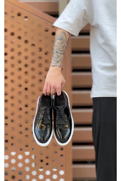 BA0003 Bağcıklı Klasik  Siyah Rugan Yüksek Taban Casual Erkek Ayakkabı - Resim 2