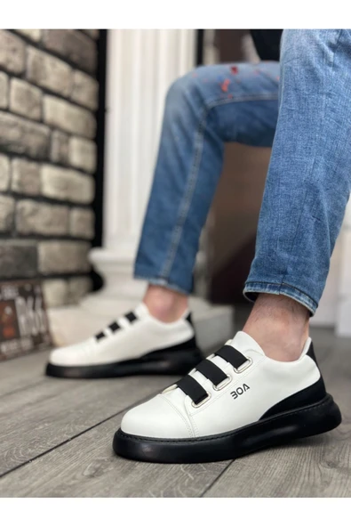 Erkek AyakkabıBA0329 3 Bant Beyaz Siyah Detaylı Kalın Taban Casual Erkek Ayakkabı