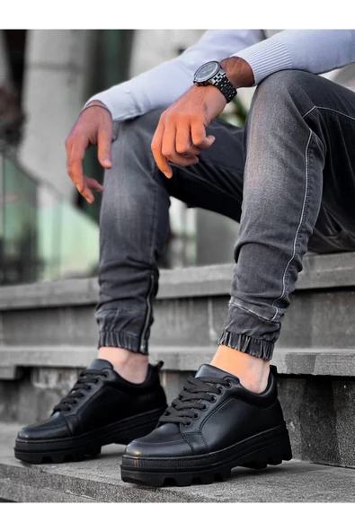 KB-056 Kuback Siyah Cilt Siyah Yüksek Taban Günlük Spor Ayakkabı - Resim 4
