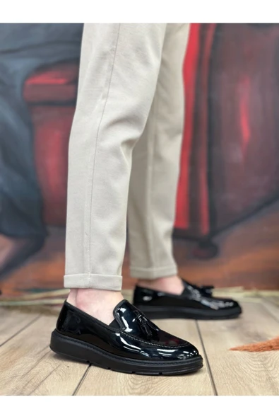 BA0005 Bağcıksız Yüksek Taban Siyah Rugan Klasik Püsküllü Corcik Erkek Ayakkabısı - Resim 3