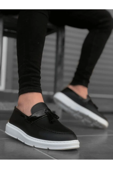 BA0005 Bağcıksız Yüksek Taban Klasik Püsküllü Corcik Erkek Ayakkabı Siyah Beyaz - Resim 3