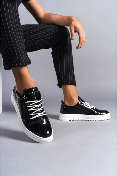 SLW152 Cool Bağcıklı Rugan Erkek Günlük Spor Klasik Ayakkabı BT Siyah - Resim 2