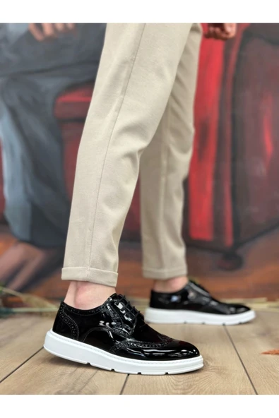 BA0003 Bağcıklı Klasik  Siyah Beyaz Taban Rugan Yüksek Taban Casual Erkek Ayakkabı - Resim 3