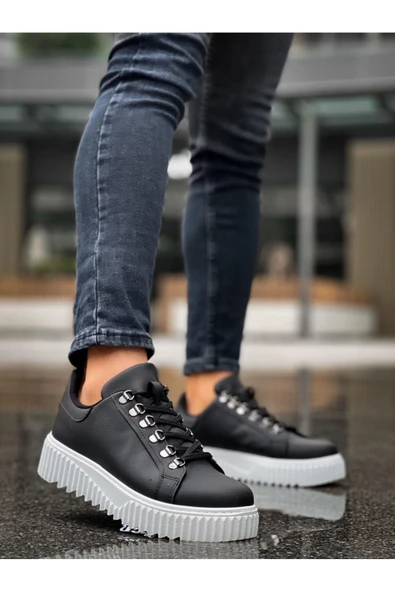 BA0505 Çengel Bağcıklı Siyah Renk Beyaz Tabanlı Günlük Ayakkabı - Resim 5