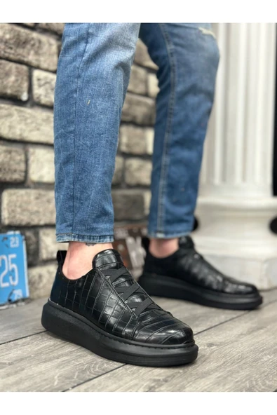 BA0134 BOA Kalın Yüksek Taban Desenli Çapraz Bant Siyah Erkek Ayakkabı - Resim 2