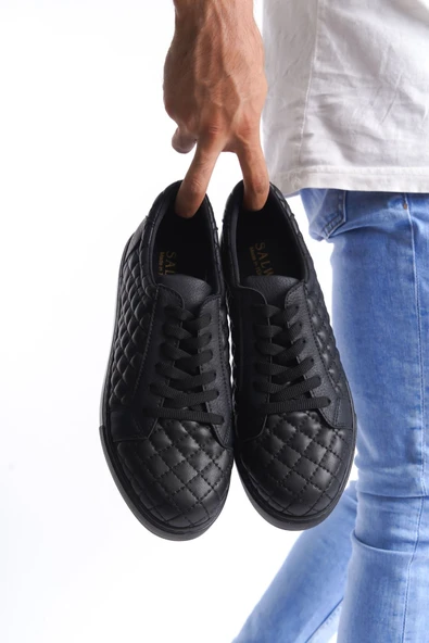 SLW166 Prestige Bağcıklı Cilt Kapitone Desenli Erkek Günlük Sneaker Ayakkabı ST Siyah - Resim 3