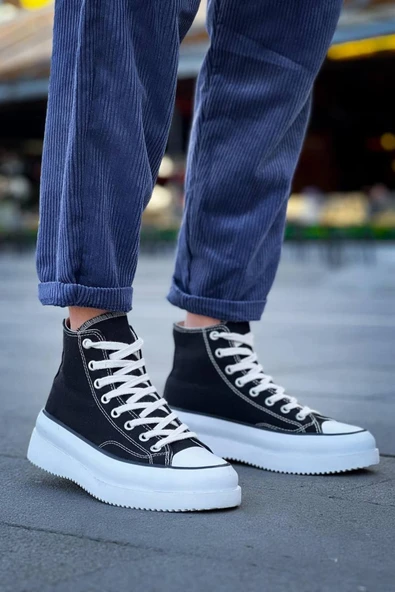 KB-CX-3 Kuback Uzun Siyah Keten Beyaz Yüksek Taban Spor Ayakkabı - Resim 2