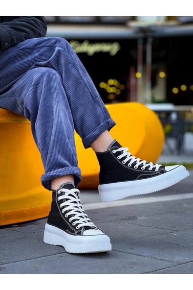 KB-CX-3 Kuback Uzun Siyah Keten Beyaz Yüksek Taban Spor Ayakkabı ürün görseli 1