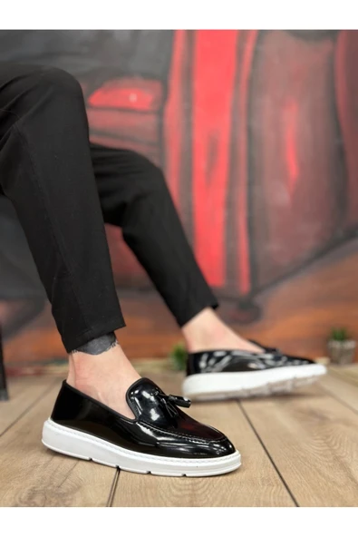 BA0005 Bağcıksız Yüksek Taban Siyah Beyaz Taban Rugan Klasik Püsküllü Corcik Erkek Ayakkabı - Resim 2