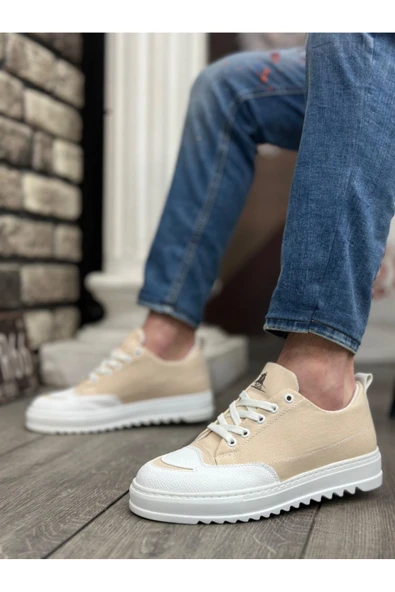 BA0328 BOA Kalın Yüksek Taban Smile Desenli Krem Spor Erkek Ayakkabı ürün görseli 1