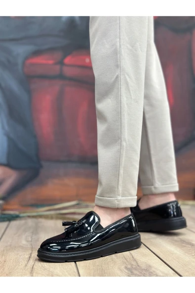 BA0005 Bağcıksız Yüksek Taban Siyah Rugan Klasik Püsküllü Corcik Erkek Ayakkabısı - Resim 2