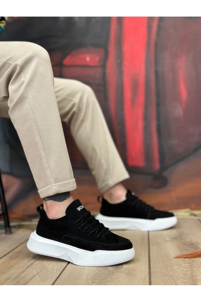 BA0332 Merdiven Desen Bağcıklı Erkek Yüksek Taban Siyah Süet Beyaz Taban Spor Ayakkabı - Resim 2