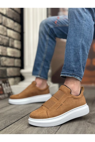 BA0307 BOA Kalın Süet Yüksek Taban Çift Bant Taba Beyaz Erkek Ayakkabı - Resim 2