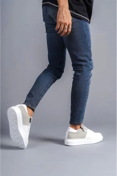 SLW155 Warrior Bağcıklı ve Fermuarlı Cilt Süet Erkek Günlük Sneaker Ayakkabı BT Beyaz/Gri - Resim 3