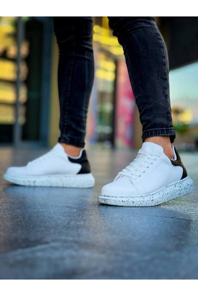 Erkek ayakkabı Beyaz Siyah  Yüksek Taban Bağcıklı Günlük Erkek Ayakkabı - Resim 4