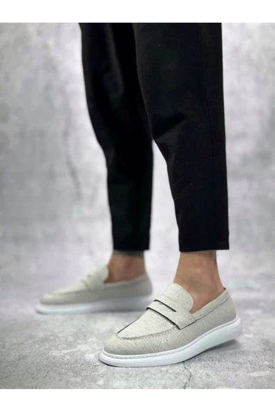 Erkek AyakkabıBA0355 Bağcıksız Keten Gri Klasik Corcik Erkek Ayakkabı - Resim 2