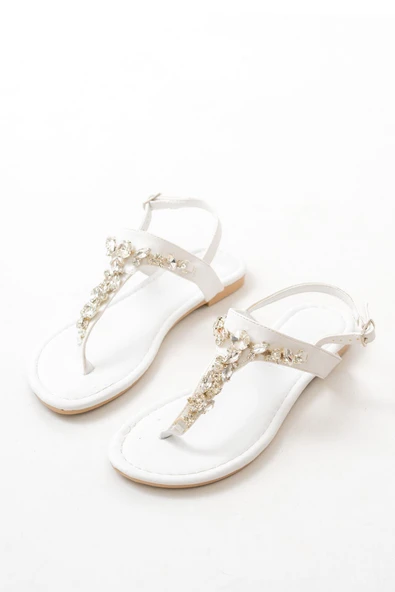152-1110 Beyaz Gümüş Taşlı Parmak Arası Kadın Sandalet ürün görseli