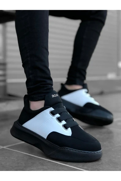 Erkek AyakkabıBA0160 Bantlı Erkek Yüksek Taban Siyah Beyaz Siyah Taban Spor Ayakkabı - Resim 2