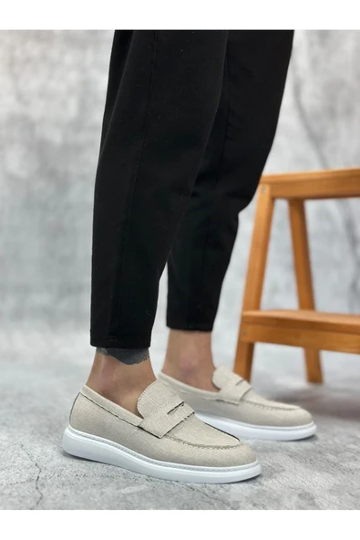 Bağcıksız Keten Beyaz Klasik  Erkek Loafer  Ayakkabı - 2