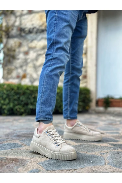Erkek AyakkabıBA0505 Çengel Bağcıklı Krem Renk Yüksek Tabanlı Günlük Ayakkabı ürün görseli 1