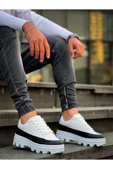 Erkek ayakkabıKB-056 Kuback Beyaz Siyah Detaylı Beyaz Yüksek Taban Günlük Spor Ayakkabı - Resim 2