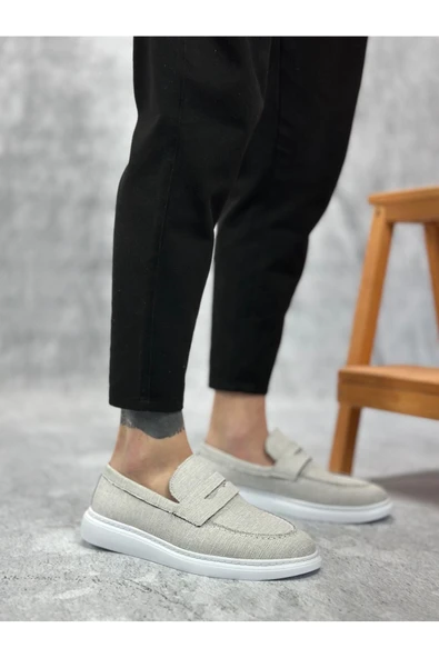 Erkek AyakkabıBA0355 Bağcıksız Keten Gri Klasik Corcik Erkek Ayakkabı - Resim 3