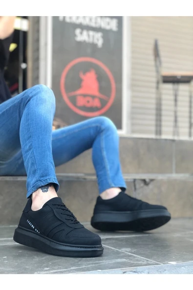 Ba0548 Boa Kalın Yan Desenli Yüksek Siyah Taban Siyah Bağcıklı Spor Erkek Ayakkabı