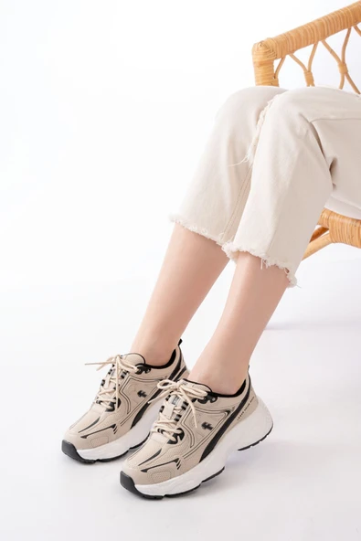 Spor Ayakkabı F-329 Bej Günlük Bağcıklı Siyah Desenli Yazlık Spor Ayakkabı ürün görseli