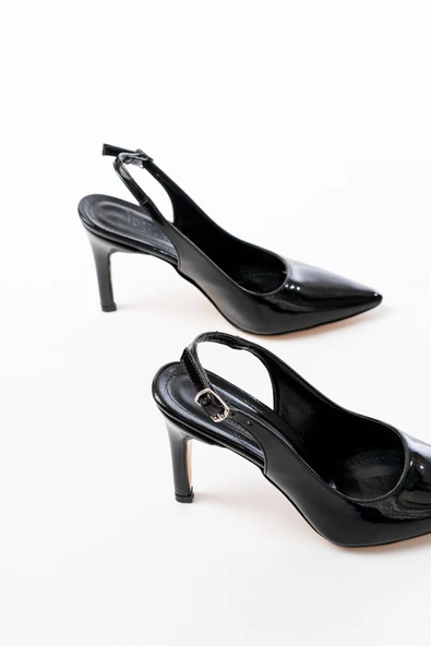 Siyah Rugan Günlük Arkası Açık 9 cm Topuklu Kadın Ayakkabı - Resim 3