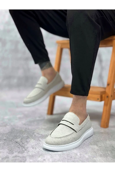 Bağcıksız Keten Beyaz Klasik  Erkek Loafer  Ayakkabı