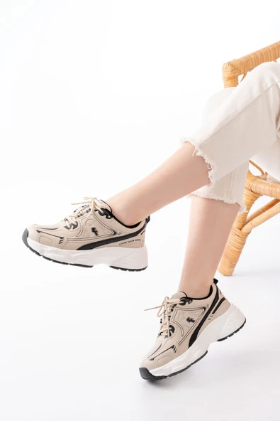 Spor Ayakkabı F-329 Bej Günlük Bağcıklı Siyah Desenli Yazlık Spor Ayakkabı - Resim 2