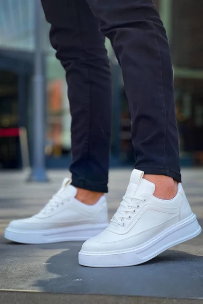 Erkek ayakkabıKB-006 Kuback Beyaz Cilt  Yüksek Taban Bağcıklı Günlük Erkek Ayakkabı - Resim 2