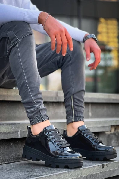 Erkek ayakkabıKB-056 Kuback Siyah Rugan Siyah Yüksek Taban Günlük Spor Ayakkabı - Resim 4