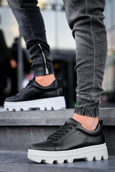 Erkek ayakkabıKB-056 Kuback Siyah Cilt Beyaz Yüksek Taban Günlük Spor Ayakkabı - Resim 3