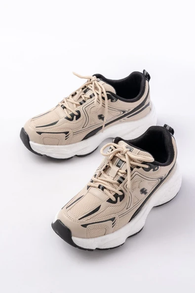 Spor Ayakkabı F-329 Bej Günlük Bağcıklı Siyah Desenli Yazlık Spor Ayakkabı - Resim 3