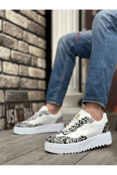 BA0802 BOA Gotik Desenli Beyaz Yüksek Taban Erkek Günlük Ayakkabı - Resim 3