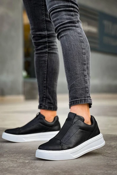 Erkek ayakkabıKB-007  Kuback Siyah Beyaz Yüksek Taban Tek Bant Bağcıksız Günlük Erkek Ayakkabı - Resim 4