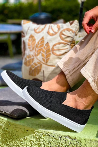 Siyah Triko Yüksek Taban Bağcıksız Günlük Erkek Ayakkabı - Resim 2