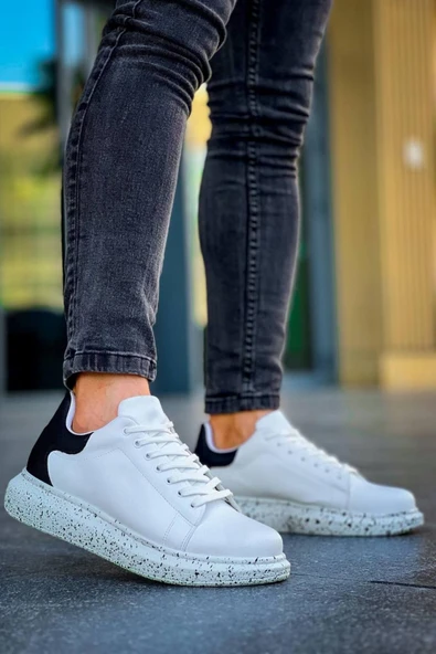 Erkek ayakkabı Beyaz Siyah  Yüksek Taban Bağcıklı Günlük Erkek Ayakkabı ürün görseli 1