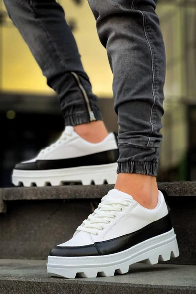 Erkek ayakkabıKB-056 Kuback Beyaz Siyah Detaylı Beyaz Yüksek Taban Günlük Spor Ayakkabı - Resim 3