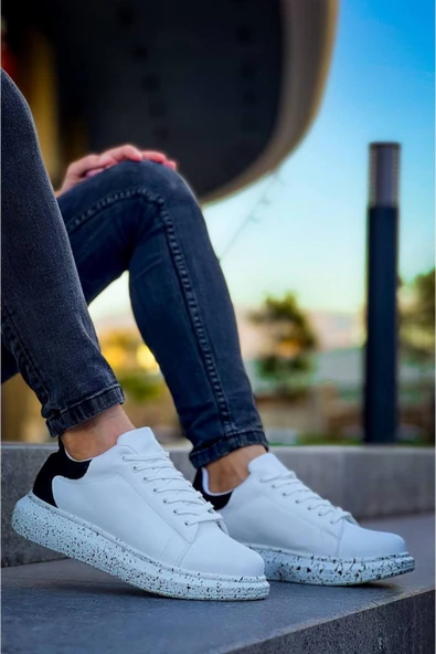 Erkek ayakkabı Beyaz Siyah  Yüksek Taban Bağcıklı Günlük Erkek Ayakkabı - Resim 3