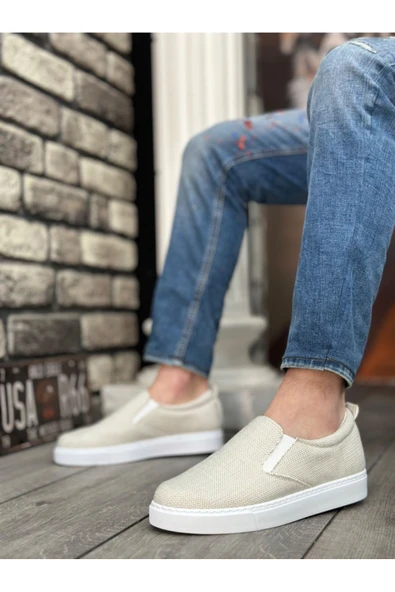 CLZ946 Bağcıksız Keten Krem Beyaz Taban Günlük Erkek Ayakkabı - 2