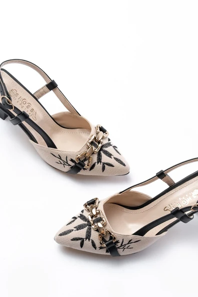 250 Siyah Keten Günlük Arkası Açık Tokalı Topuklu Kadın Ayakkabı - Resim 4