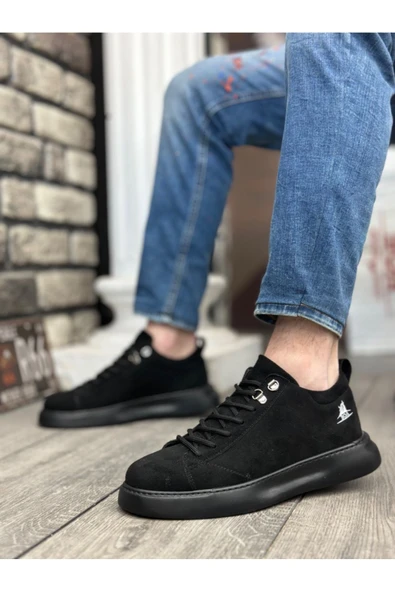 BA0331 Bağcıklı Erkek Yüksek Taban Siyah Süet Siyah Taban Spor Ayakkabı - Resim 2
