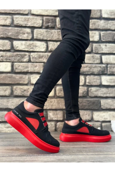 BA0302 Boa Kalın Taban Bağcıksız Tarz Casual Siyah Kırmızı Erkek Ayakkabı - Resim 3
