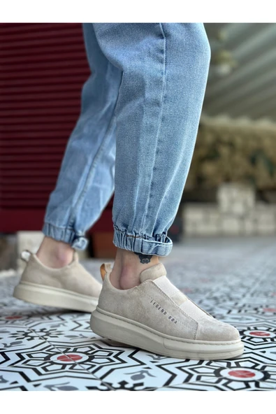 BA0307 BOA Kalın Süet Yüksek Taban Çift Bant Bej Erkek Ayakkabı - Resim 4